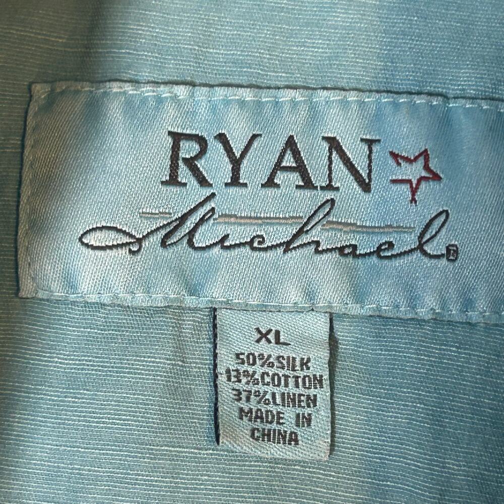 Ryan Michael men's silk linen blend turquoise snap button western shirt XL - Picture 9 of 12